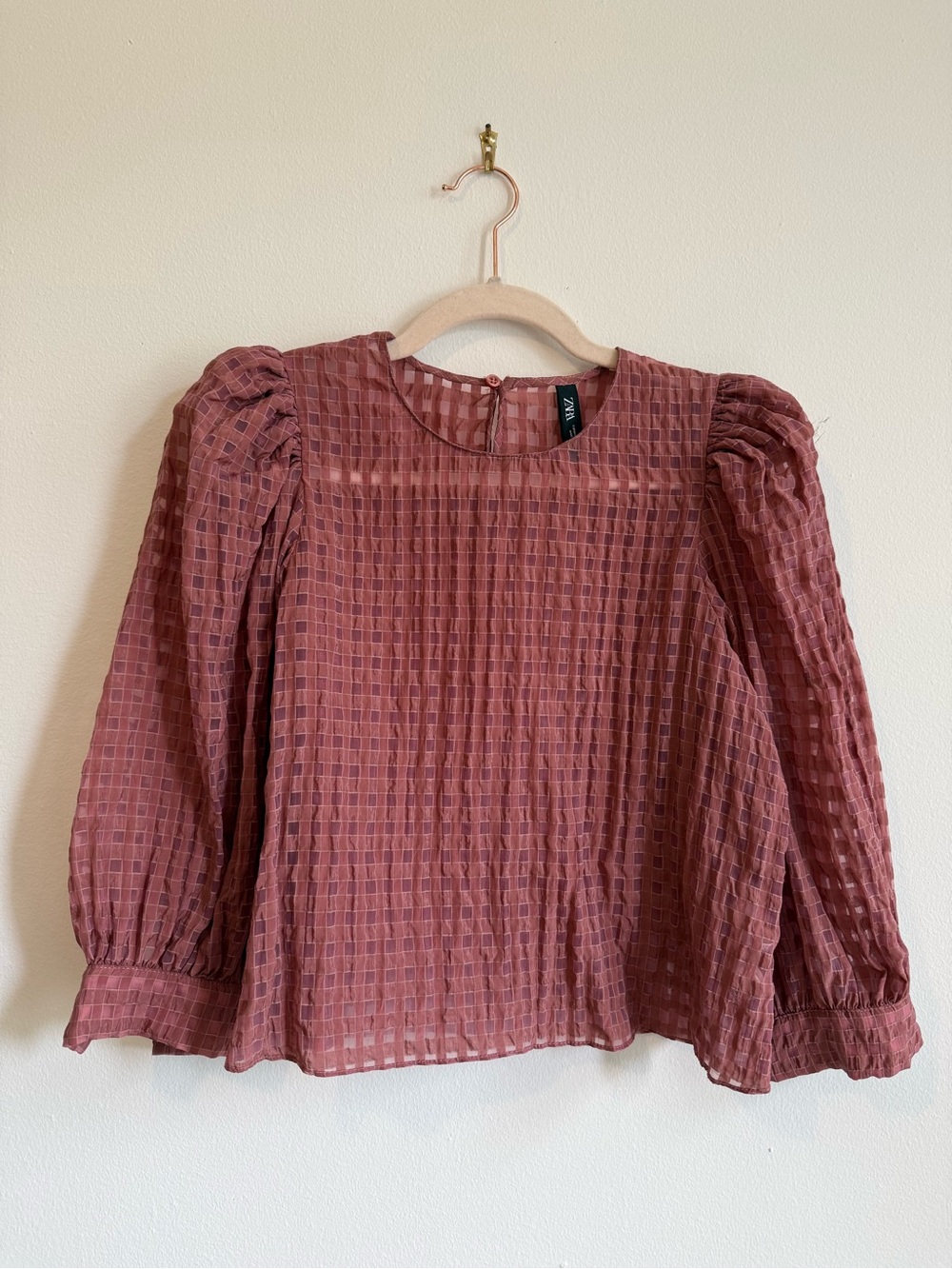 ZARA sheer crosshatch mauve / dusty pink balloon sleeve crepe blouse